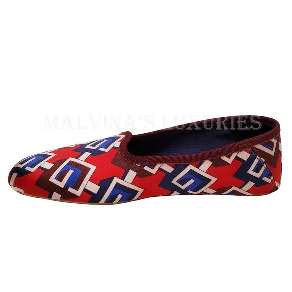 GUCCI SHOES GEOMETRIC G LOGO RED BLUE WHITE SATIN SLIPPER sz 39 9 US